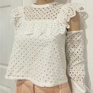ENDLESS ROSE COTTON EYELET RUFFLE COLD SHOULDER OFF WHITE BLOUSE SZ XS
